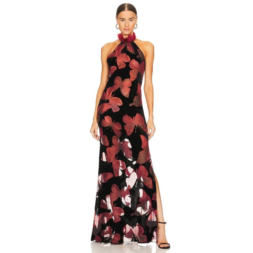 Kim Shui Gown Dress 100% Silk Butterfly Velvet Fur Trim Halter NWT